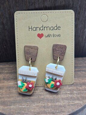NWT Pumpkin Spice Latte Earrings Pierced Polymer Clay Fall Dangle Drop Handmade
